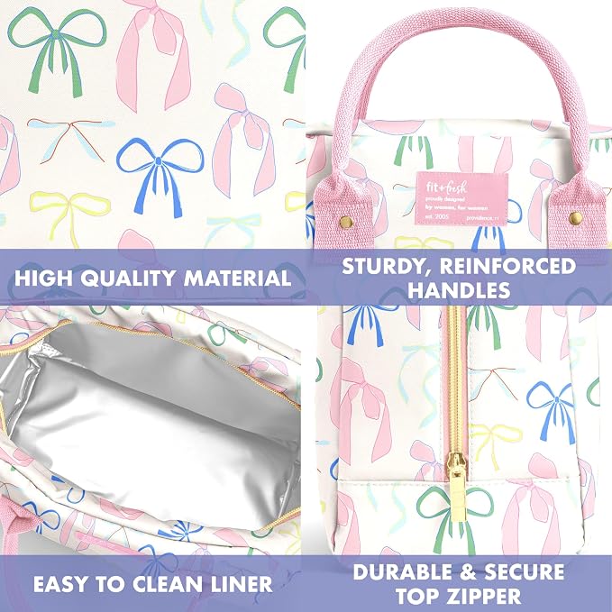 Fit & Fresh Bloomington Lunch Bag for Women - Insulated Large Lunch Box for Work with Containers, Leak-Resistant, Stain-Resistant, Zipper Closure, Pink Dainty Bows