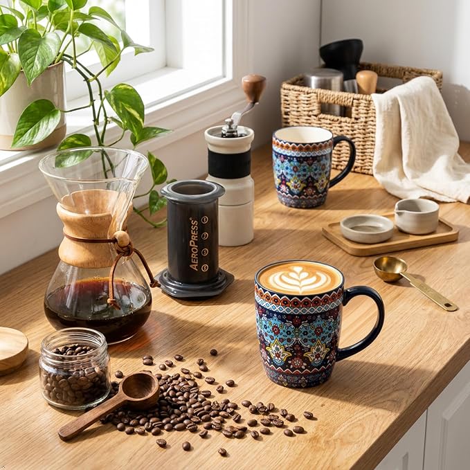 glowworm 16 oz Coffee Mugs Set of 4, Large Ceramic Coffee Cups for Women and Men, Colorful Mugs Set with Handles for Latte, Hot Cocoa, Tea, Dishwasher & Microwave Safe, Bohemian
