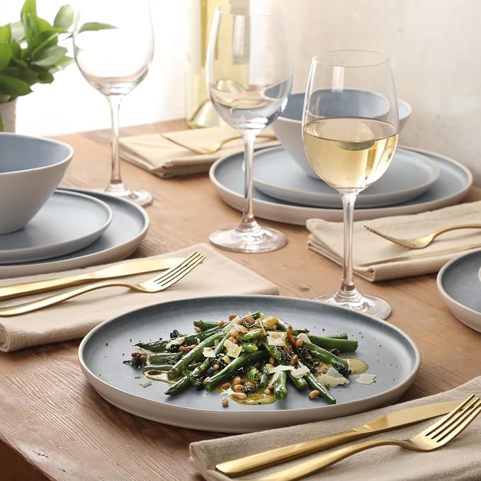 Gibson Elite Coastal Forest Plates and Bowls Sets, 12-Piece Stoneware Dinnerware Sets, Triple Reactive Glaze Dish Set - Blue and Cream White