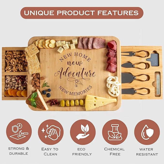 Charcuterie Board Set Gift- Housewarming Gifts for New Home Homeowner, New Home Gift Couple, Engraved Bamboo Cheese Board for Serving, First House Presents for Neighbor Friends, Realtor Closing Gifts