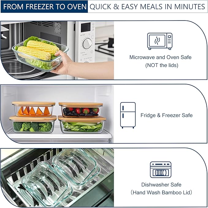 Glass Food Storage Containers with Bamboo Lids (4-Pack, 36oz) Airtight, Leakproof, BPA-Free Borosilicate Glass Meal Prep Containers – Eco-Friendly, Oven/Microwave/Freezer Safe-Plastic-Free & Reusable