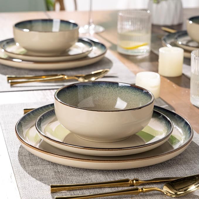 GBHOME 32 Pieces Stoneware Double Bowls Dinnerware Sets for 8, Ceramic Plates and Bowls Set with Reactive Glaze, Scratch Resistant Dishes Set, Dishwasher & Microwave Safe