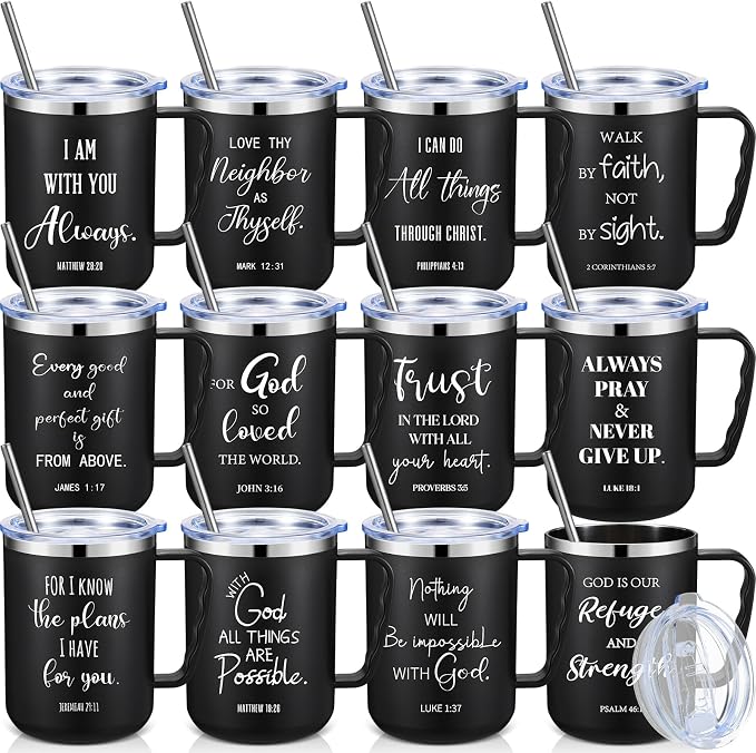 Sieral 12 Pcs Christian Gifts Coffee Mugs with Straw Lid 17 oz Religious Cups with Bible Stainless Steel Tumbler Inspirational Gifts for Women Men Pastor's Church Group(Black,Bible Verse)