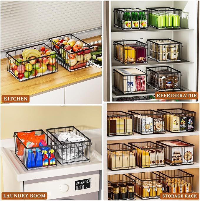 Large Freezer Organizer Bins, Upgrade Quick Expand/Collapse Feature, for 5-9 Cu.Ft Deep Freezer, 4 Pack Stackable Deep Freezer Organizer Bins, Black Wire Foldable Baskets (Black 4 Pack)