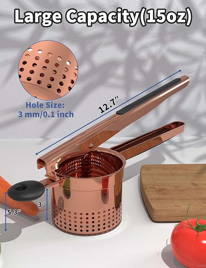 GloTika Large 15oz Potato Ricer, Heavy Duty Stainless Steel Ricer for Mashed Potatoes, Sweet Potato Masher Kitchen Tool with Ergonomic Handle, Press and Mash Kitchen Gadget, Rose Gold