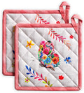 Maison d' Hermine Pot Holders 100% Cotton Heat Resistant Potholders 8" x 8" Hot Pads with Loop Baking Gifts for Mothers Day Handling Hot Pans Spring/Summer(Pack of 2, Happy Florals - High Summer)