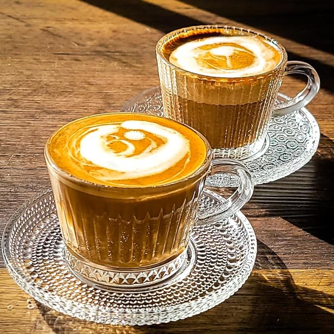 Glass Espresso Shot Cups with Saucers Set of 6, Clear Small Demitasse Cup with Stainless Steel Spoons, Dishwasher Safe Coffee Mugs for Tea Hot Chocolate Cappuccino, 5OZ/150ML, Mix
