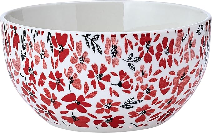Pfaltzgraff Radiant Blossom 12 Piece Floral Stoneware Dinnerware Plate Bowl Dish Set, Service for 4, Red
