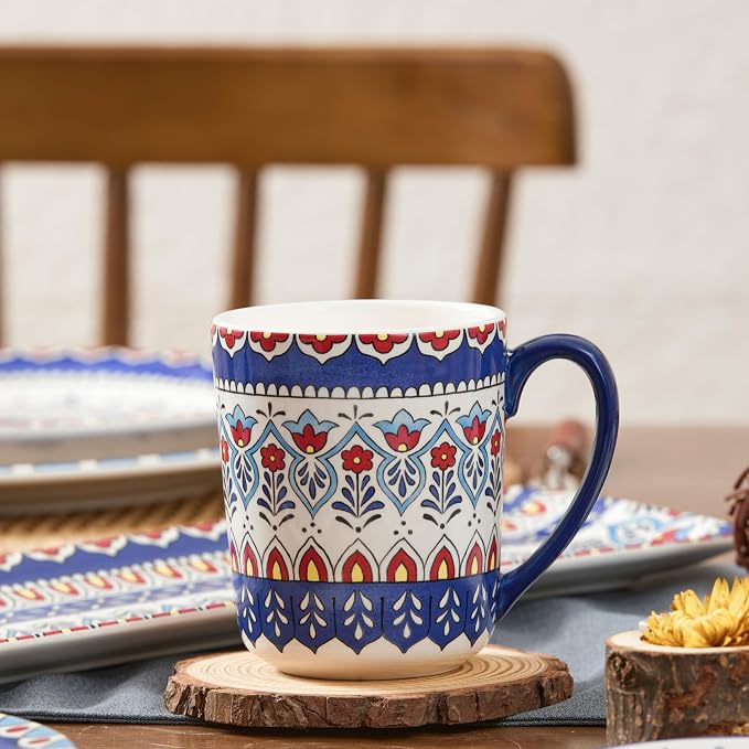 Bico Boho Totem Ceramic Coffee Mugs Set of 4, 16 oz Large Tea Cups with Handle, Aesthetic Latte Mugs for Cappuccino Cocoa, Lead-Free, Dishwasher and Microwave Safe, Housewarming Gift