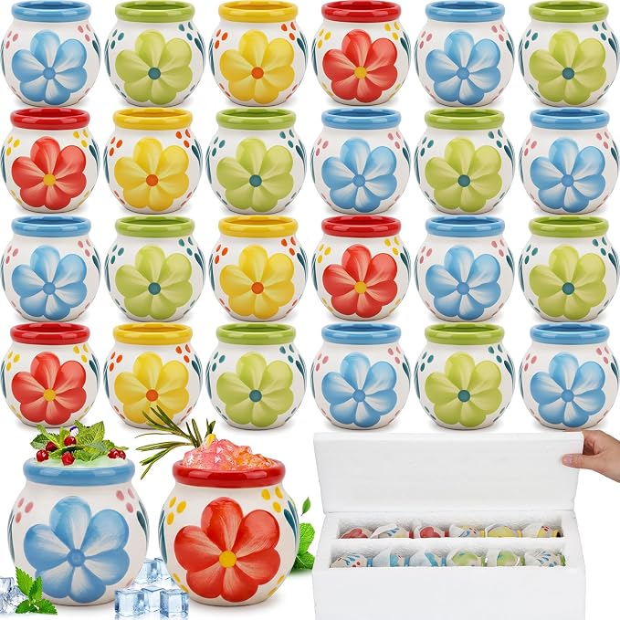 Gejoy 24 Pcs 3oz Cantaritos De Barro Shot Mini Clay Cups Jarritos De Barro Mexicanos Taco Cocktail Glasses for Tequila, Margaritas, Mojitos, Mojitos Cold Hot Drinks (Bloom)