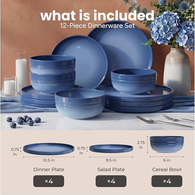 SMIRLY Stoneware Dinnerware Set for 4, 12-Piece Ceramic Plates and Bowls Set, Chip & Scratch Resistant Dish Set, Microwave, Dishwasher & Oven Safe for Everyday Meals, Blue