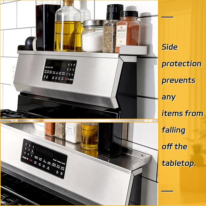 30" Stainless Steel Stove Top Shelf - Dual Mount (Screw & Adhesive) - No Slide/No Spill, Side Guards, Spice Rack & Over The Stove Organizer, StoveShelf (Stay Secure)
