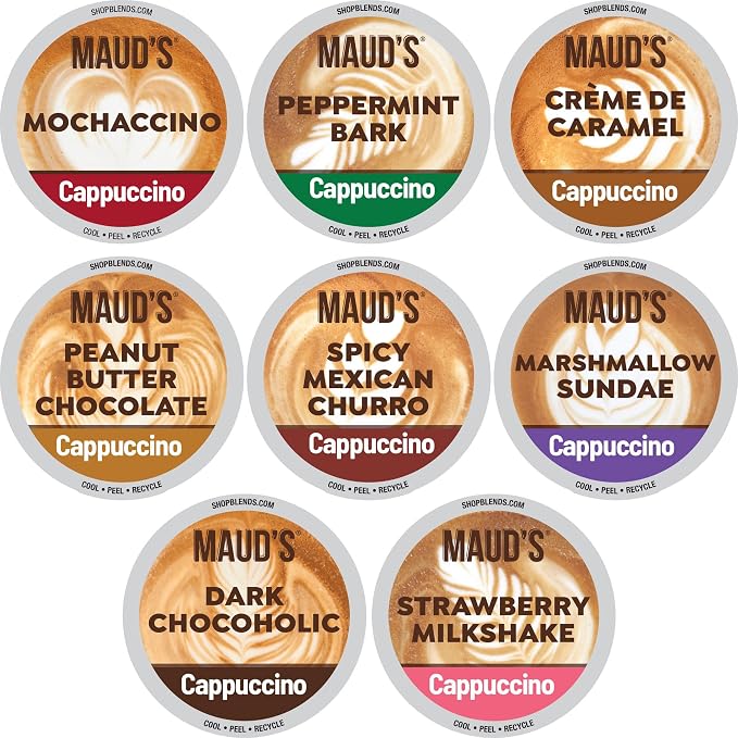 Maud's Cappuccino Coffee Pods Variety Pack, 56 ct, 8 Assorted Flavors, Single Serve Pods – Compatible with Keurig K Cups Maker