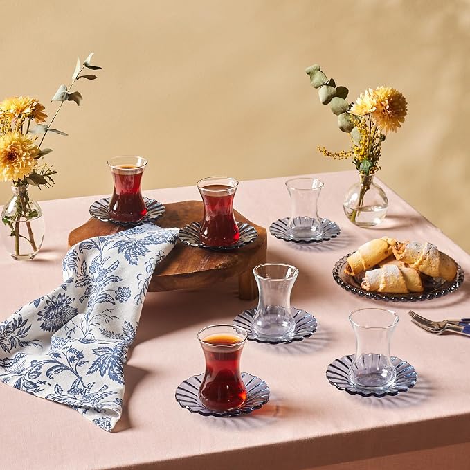 KARACA Luna 12-Piece Turkish Tea Cups for 6 People, 4.4 fl oz (130 ml) Turkish Tea Glasses Set with Elegant Light Blue Glass Saucers, Traditional Tulip Teacups, Hand Wash Recommended