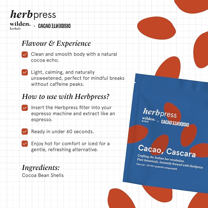 Bristot x Wilden Herbals Herbpress Cacao, Cascara Herbal Infusion – Organic Botanical Drink with Natural Cacao Notes – Softpack of 20 Square Filters