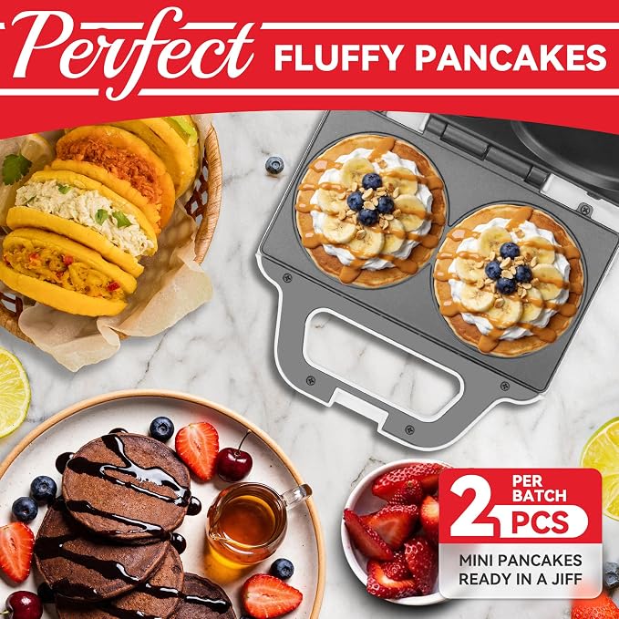SugarWhisk Double Mini Pancakes Maker Machine, Arepa Maker, Electric Pancake Maker Griddle, Ideal for Pancakes, Cookies, Eggs, Arepas & Breakfast Sandwiches, White, 4 Inch