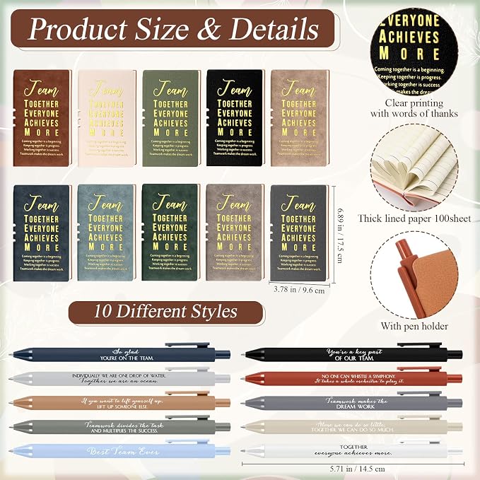 Didaey 10 Sets Team Appreciation Gifts Set 13oz Inspirational Ceramic Coffee Mugs A6 Leather Notebooks Ballpoint Pens Bulk Thank You Gifts for Team Members, Employees, Staff, Nurses