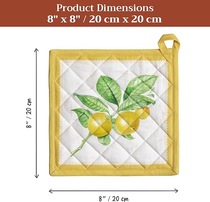 Maison d' Hermine Pot Holders 100% Cotton Heat Resistant Potholders 8" x 8" Hot Pads with Loop BBQ Cooking Baking Gifts for Mothers Day Handling Hot Pans Spring/Summer (Pack of 2, Limoncello)