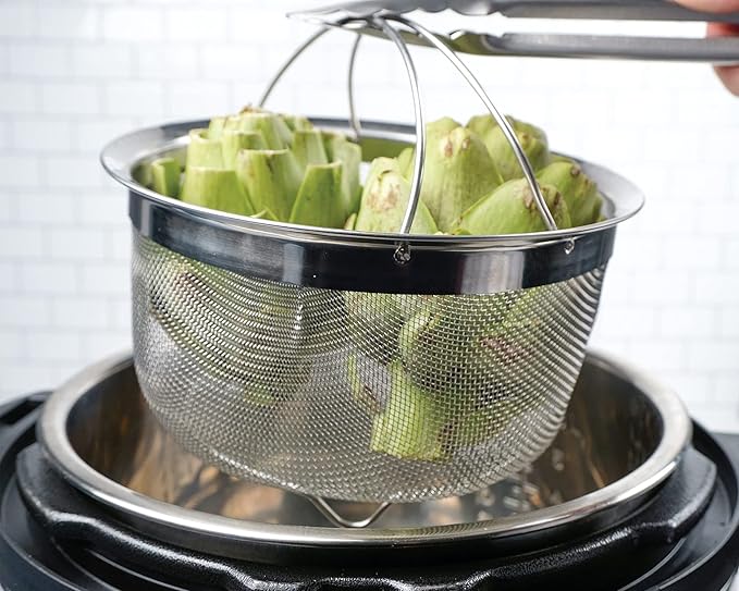 RSVP International Mesh Colander Strainer Basket with Folding Handles, 3 Quarts | For Pasta, Frying, & Salads | Dishwasher Safe | Use in Pressure Cookers | Steaming, Draining & Rinsing (Pack of 4)