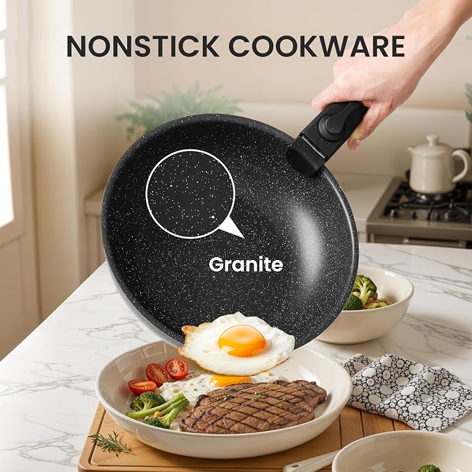 Simple Deluxe 12 Pcs Cookware Set, Non-Stick Pots and Pans Set, with Black Granite Texture and Detachable Handles, Resistant to High Temperatures, Oven Safe, PFAS and PFOA Free, Black