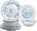 UPware 12 Piece Blue and White Floral Melamine Dinnerware Sets, Outdoor Dishes Set, Plates and Bowls Sets, Service for 4, Blue