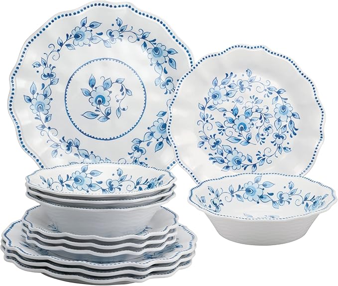 UPware 12 Piece Blue and White Floral Melamine Dinnerware Sets, Outdoor Dishes Set, Plates and Bowls Sets, Service for 4, Blue