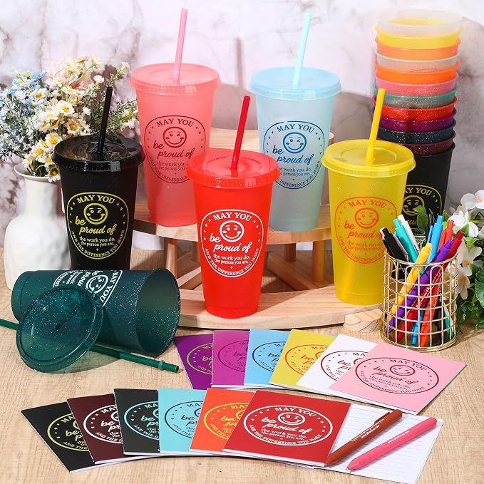 Feifeiya 72 Pcs/ 24 Set Bulk Mugs Gifts Set for Coworkers Employees 24 oz Tumbler with Lids and Straws Motivational Pens Inspirational Notepads Plastic Cup Gift for Staff Week Gift