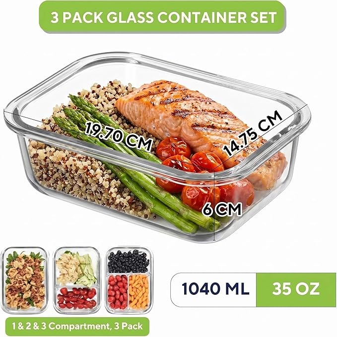 Glass Food Storage Containers with Lids, 1, 2 & 3 Compartment Meal Prep Set, 35 oz, Leakproof, BPA-Free, Oven & Freezer Safe, 6 Piece