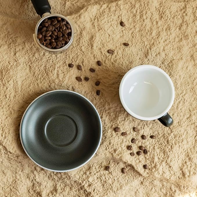 Loveramics Matt Cappuccino Cup, 8 oz Ceramic Latte Art Mug with Saucer, Thick-walled stoneware cup Set, Barista Latte Cup Set for Latte, Cappuccino, Tea - Mineral Colors (Anthracite, 8OZ)