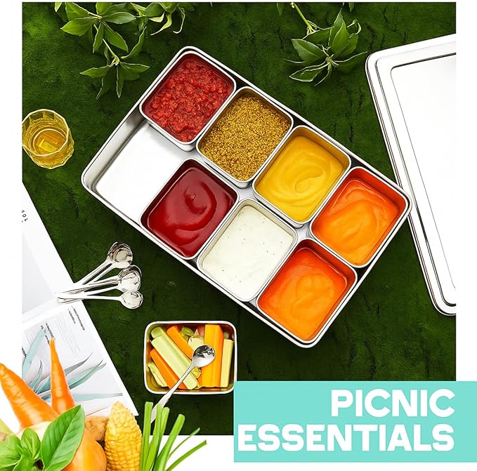 Boao 8 Compartment 304 Yakumi Pans Stainless Steel Mise En Place Japanese Yakumi Tins Seasoning Condiment Container with Lids Spoons for Food Meal Prep Organizer for Kitchen Salad Spices Herbs, Masala