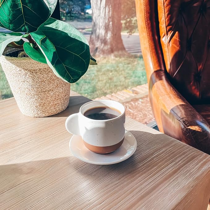 Mora Ceramic Mini Espresso Cups Set of 4, 3oz - Tiny Italian Inspired Mugs With Saucers For Small Shots of Coffee - Modern Boho Style For Any Kitchen or Cafe. Microwave Safe Porcelain - Vanilla White