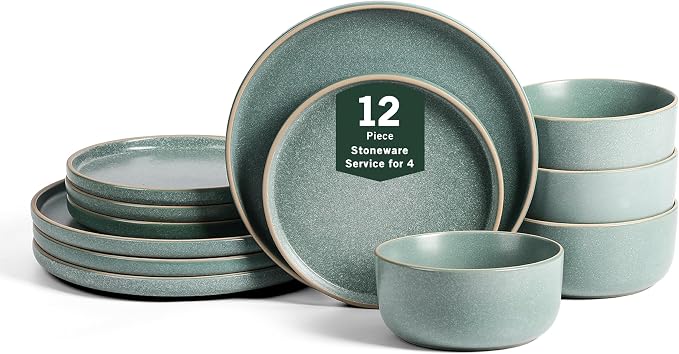 Earth & Clay Amber 12-Piece Dinnerware Set Stoneware, Dishwasher and Microwave Safe Plates and Bowls Set, Dish Set for 4, Green
