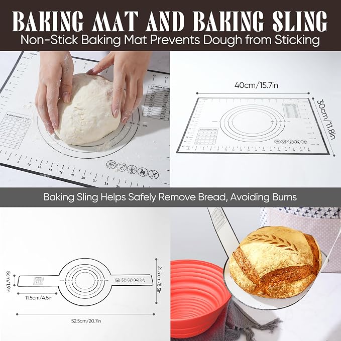 Sourdough Starter Kit with Jar – Complete Sourdough Bread Baking Supplies for Beginners, Includes 2 Silicone Proofing Baskets Baking Mat Sour Dough Kit - Red
