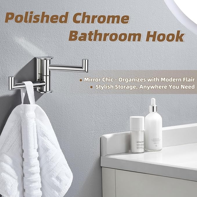 APLusee Double Swivel Towel Hook Wall Mounted, 304 Stainless Steel Folding Coat Hook with 2 Rotating Arms, Polished Chrome
