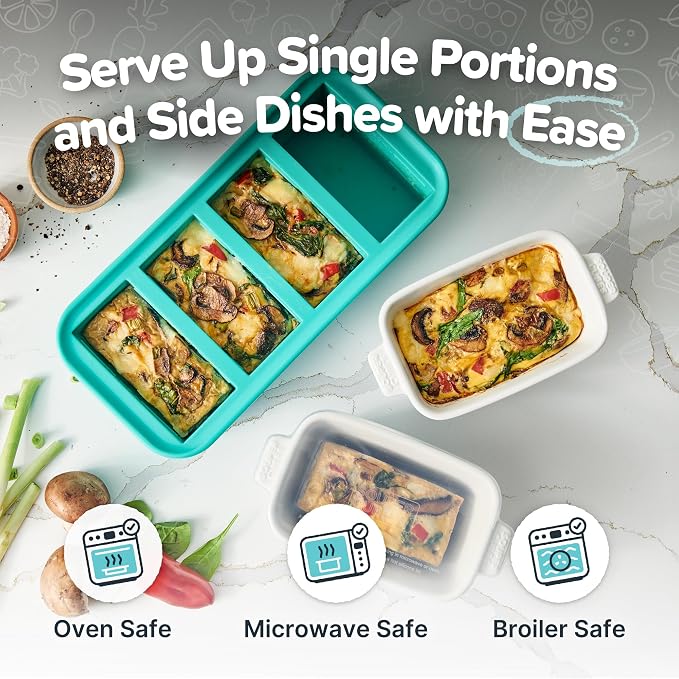 Souper Cubes Ceramic Baking Dishes - 5" x 3" Individual Baking Dishes for Oven with Silicone Lids, Oven, Microwave and Air Fryer Safe, Perfect for Reheating Single Serve Meals, Set of 4 - White
