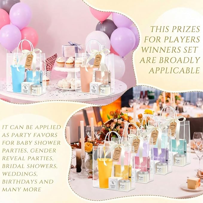 Nuogo 6 Sets New Parent Shower Prizes for Player Winners Adult, Wedding Bridal Shower Gift, Plastic Tumbler Notebook Scented Candle Ballpoint Pen Bag (Colorful,Classic Style)