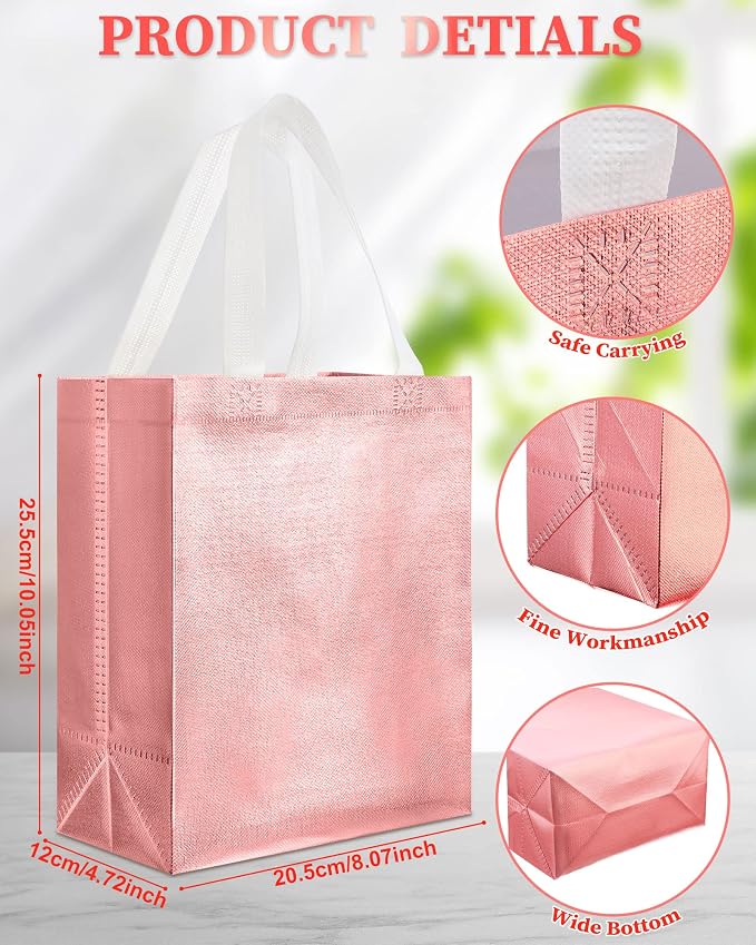 Eccliy Reusable Gift Bags Set Glossy Grocery Gift Tote Bag with Handle for Wedding, Bridal Shower, 4th of July, Summer Event(10 x 8 x 4.7 Inch,Rose Gold,80 Pcs)