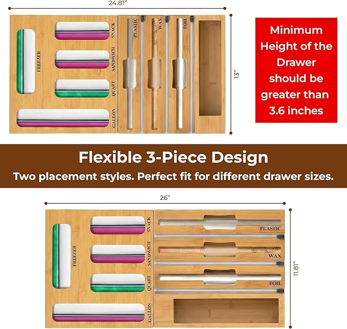 9-in-1 Bamboo Kitchen Drawer Organizer - Storage Bag Holder with Built-In Foil & Wrap Cutter Dispenser - Wooden Food Storage Bag Organizer for Gallon, Quart, Sandwich and Snack Sizes