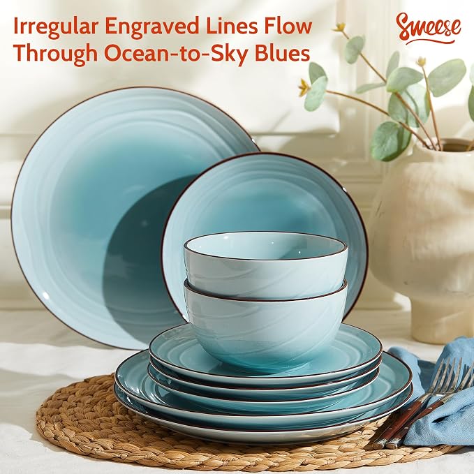 Sweese Porcelain Dinnerware Sets for 6, 18 Pieces Plates and Bowls Sets, Handcrafted Minimalist Dinner Set, Chip and Scratch Resistant Dish Set, Dishwasher & Microwave Safe, Gradient Blue