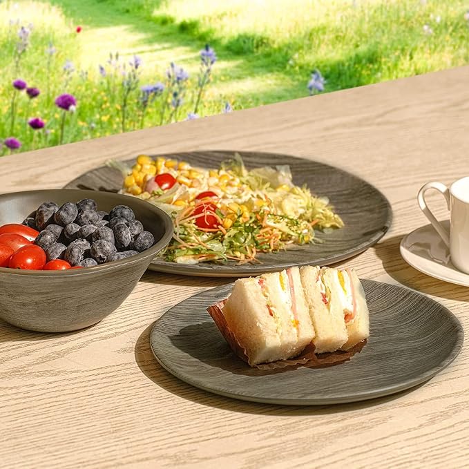 TP 18-Piece Dinnerware Set, Melamine Dishes Set with Bowls and Plates, Service for 6, Non-breakable Lightweight Dining Tableware, Grayish-brown Wood Grain