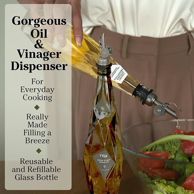 FYGO Diamond Lux Olive Oil Bottle Dispenser - Olive Oil Container- Oil and Vinegar Dispenser Set with Pourer and Funnel - Glass Dispenser Bottle for Kitchen - 500ml - Set of 2