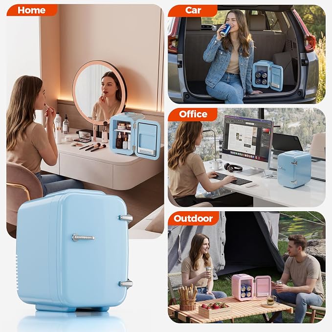 Mini Fridge for Bedroom - 4 Liter/6 Can Mini Makeup Fridge, 110V AC/ 12V DC Portable Thermoelectric Cooler&Warmer for Skincare, Drink, Cosmetic, Medicine, Small fridge for Bedroom, Office, Dorm, Car