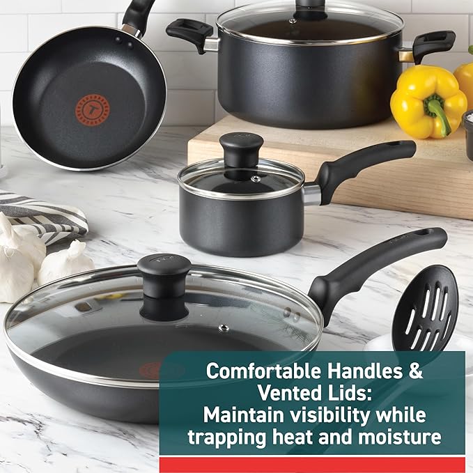 T-fal Essentials Non-Stick Pots and Pans Cookware 10 Piece Set, Black