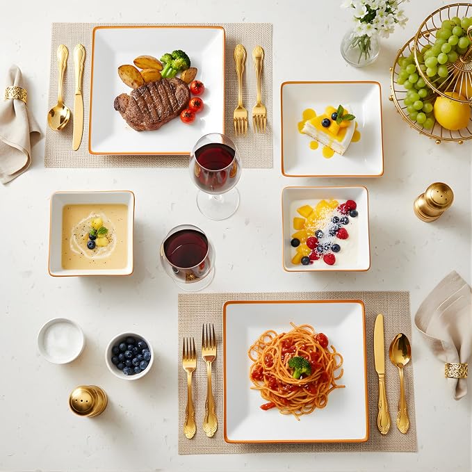TP 12-Piece Melamine Dinnerware Sets, Plates and Bowls Dishes Set for 4, Break-Resistant & Non-Microwavable, Lightweight Square Dinner Plates, White with Rim