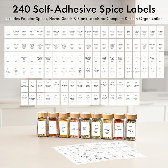 EDELHAUS® Square Spice Jars with Bamboo Wooden Lid (Pack of 36) Spice Jars with Shaker Insert and 240 Labels - Bamboo Lid Glass Container for Spice Organisation [4.3 in × 1.8 in]