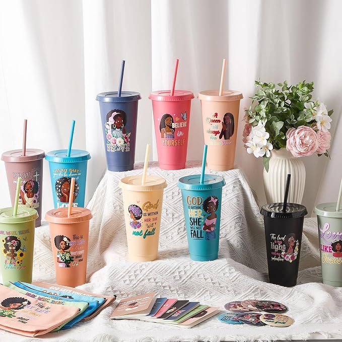 Hollowfly 12Set/48Pcs African Americans Black Women Christian Gifts Set Include 24oz Coffee Cup with Lid and Straw, Makeup Bags, Mirrors, Notepad, Black Owned Inspirational Gift for Women(Morandi)