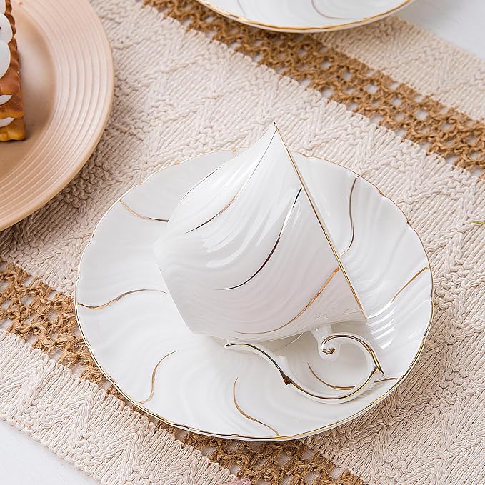 Agyiuns Tea Cups Set Of 6, Tea Cup And Saucer Set,6oz for Tea,Coffee, Latte, Cafe Mocha, Porcelain Tea Party Set (White with gold thread set of 6)