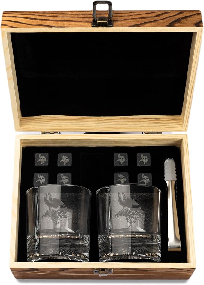 The Memory Company Officially Licensed NFL Wood Boxed Drinkware Set - 2 Premium Rocks Glasses with Laser-Etched Team Logo & Reusable cooling cubes, Whiskey & Cocktail Gift Set for Football Fans