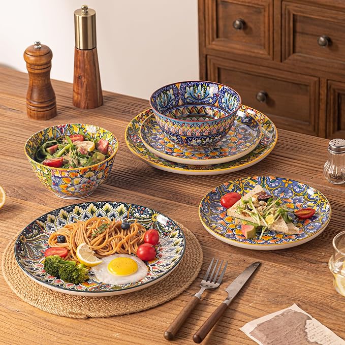 12-Piece Bohemian Floral Ceramic Dinnerware Set, Vibrant Mandala Floral Plates Bowls, Decorative Plates & Bowls, Microwave & Dishwasher Safe for Kitchen