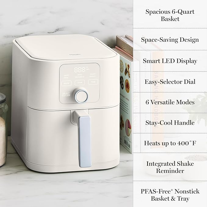 Martha Stewart 6QT Air Fryer, 6-in-1, Bake, Broil, Roast, Air Fry, Dehydrate, Reheat, Ceramic Non-Stick Basket, Crispy Results Fast, 400°F Max Temp, Shake Reminder, Auto Shut-Off, Linen Cream